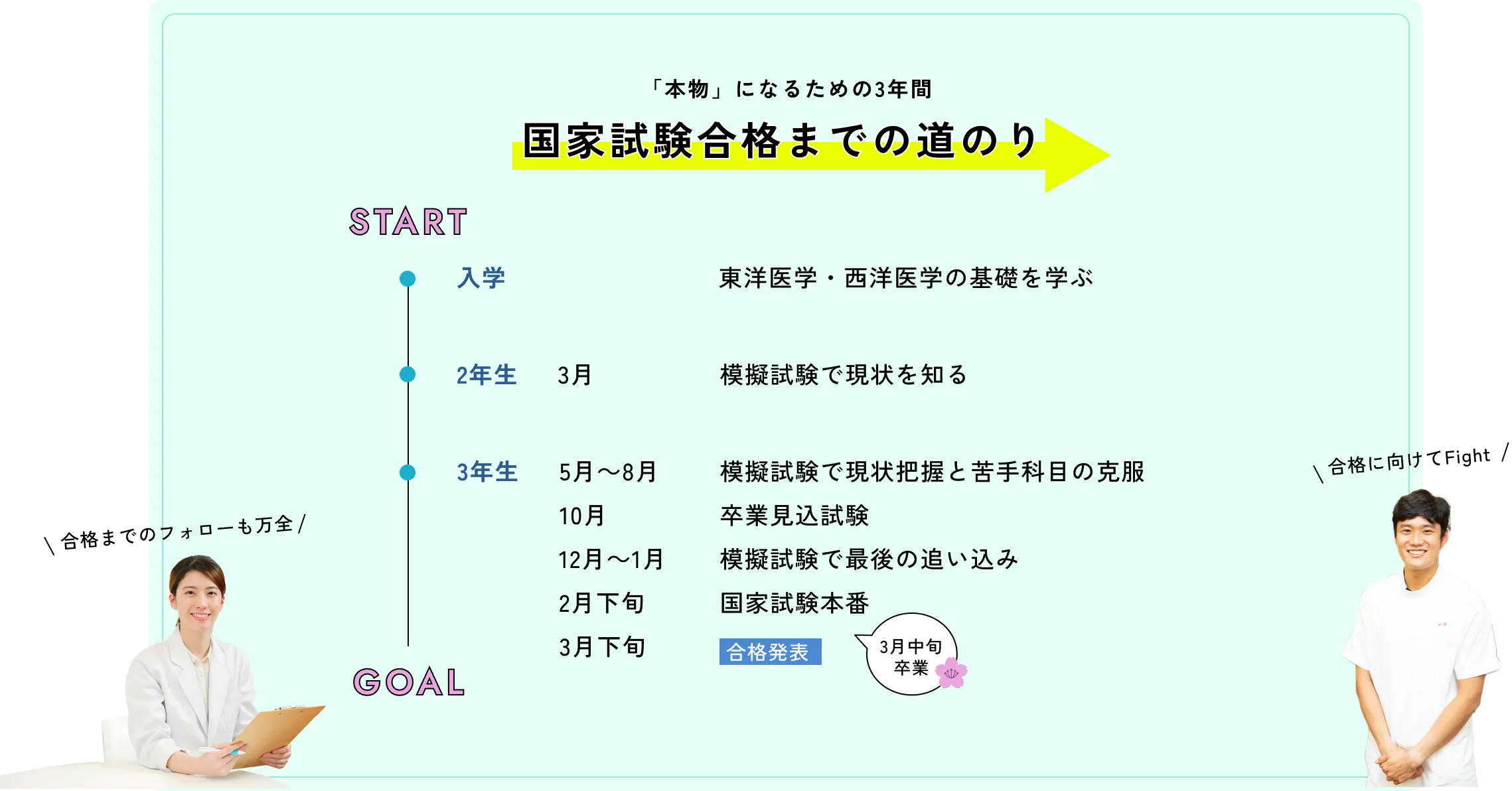 国家試験合格までの道のり：入学「東洋医学・西洋医学の基礎を学ぶ」2年生 3月「模擬試験で現状を知る」3年生 5月～8月「模擬試験で現状把握と苦手科目の克服」10月「卒業見込試験」12月～1月「模擬試験で最後の追い込み」2月下旬「国家試験本番」3月中旬「卒業」3月下旬「合格発表」