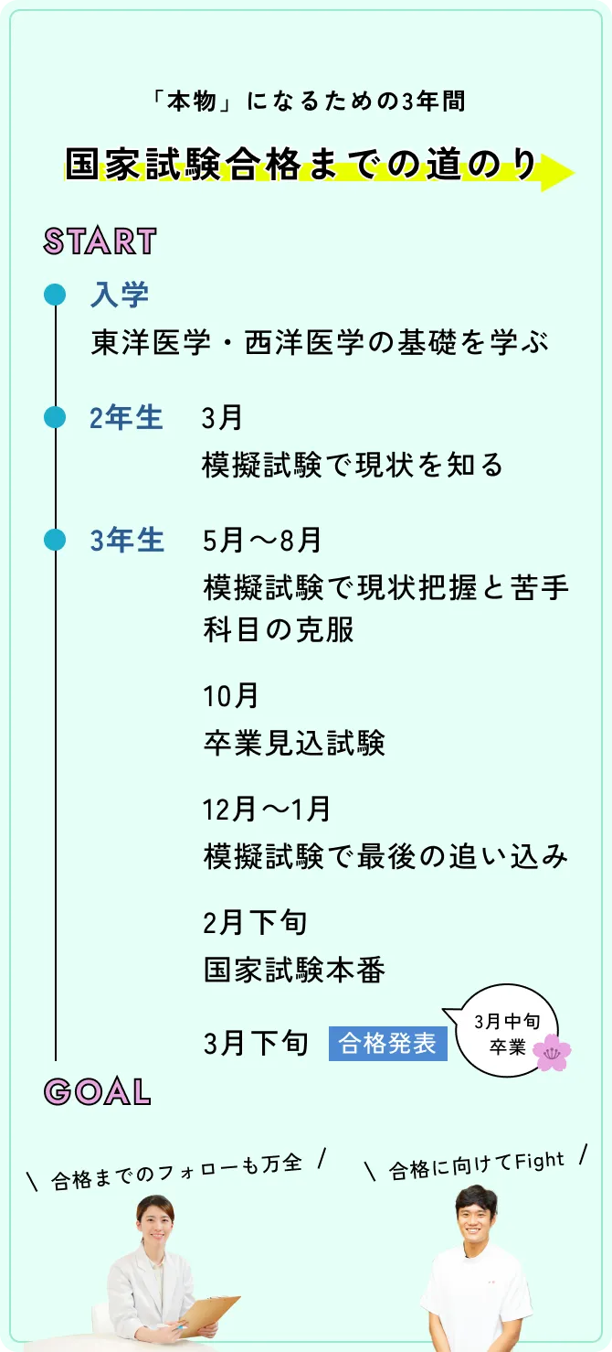 国家試験合格までの道のり：入学「東洋医学・西洋医学の基礎を学ぶ」2年生 3月「模擬試験で現状を知る」3年生 5月～8月「模擬試験で現状把握と苦手科目の克服」10月「卒業見込試験」12月～1月「模擬試験で最後の追い込み」2月下旬「国家試験本番」3月中旬「卒業」3月下旬「合格発表」